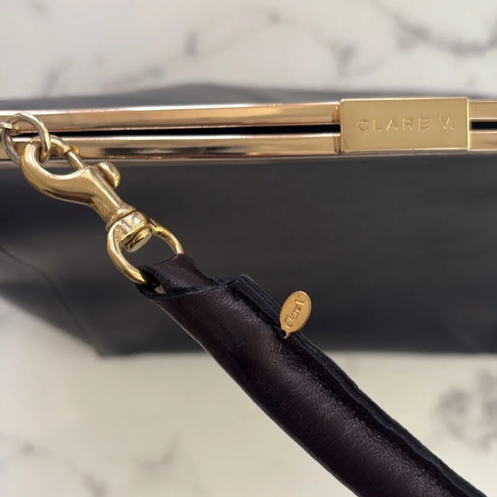 Clare V Black Leather Top-Handle Frame Bag with Gold Hardware